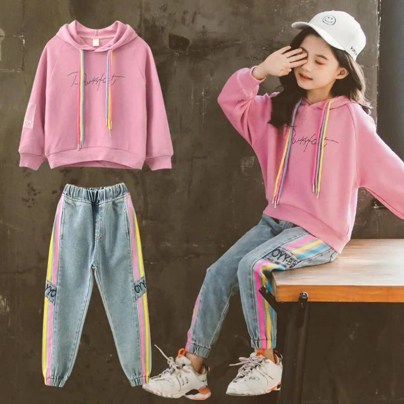 New Autumn Spring Girls Clothing Suits Pullover Kids Colored Cotton Sweatshirt Tracksuit Sport Suits Outwear Jean Pants
