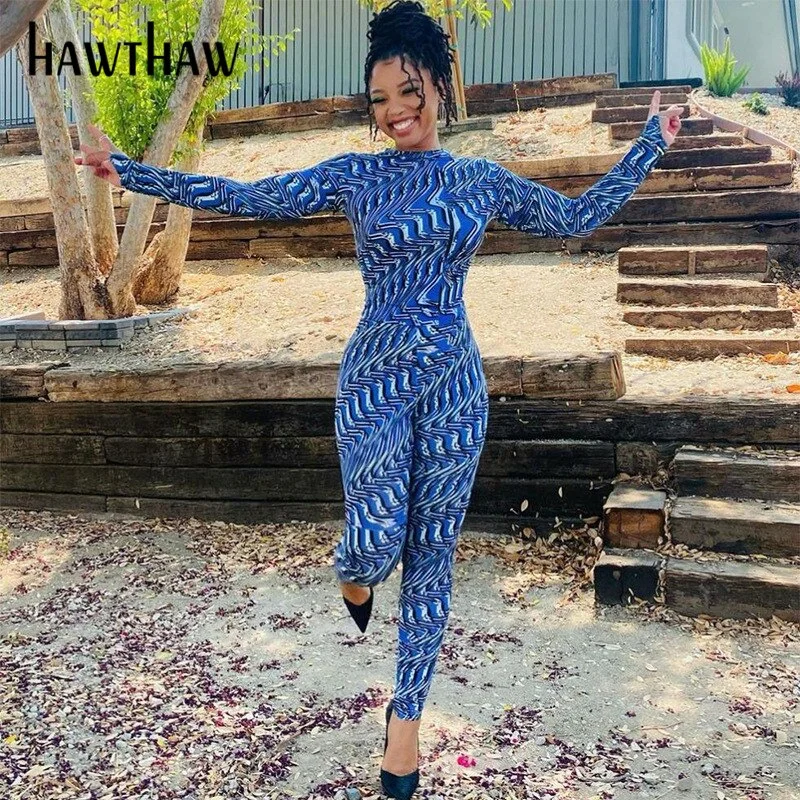 Hawthaw Women Autumn Long Sleeve Tops Long Pants Bodycon Printed Two Piece Set Suit Outfit 2021 Fall Clothes Wholesale Items