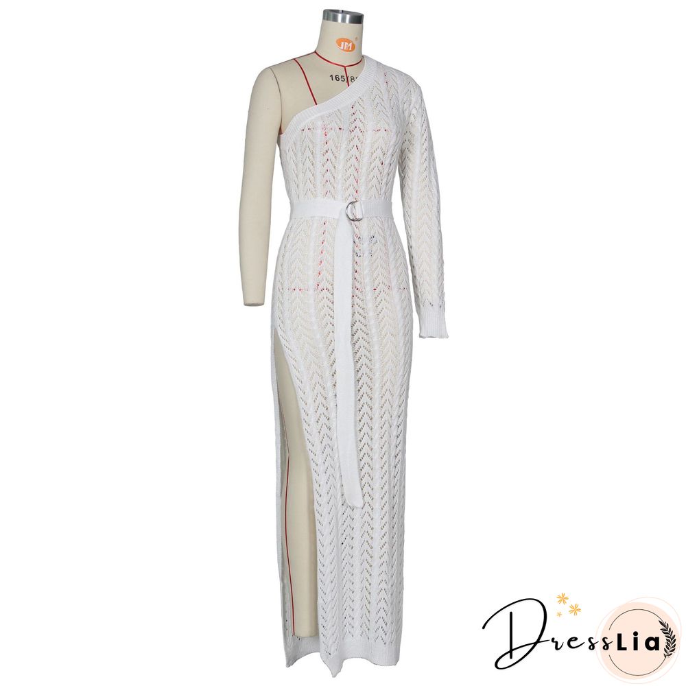 Women Sexy One Shoulder Long Sleeve Hollow Out Knitted High Slit Bodycon Maxi Club Party Beach Dress