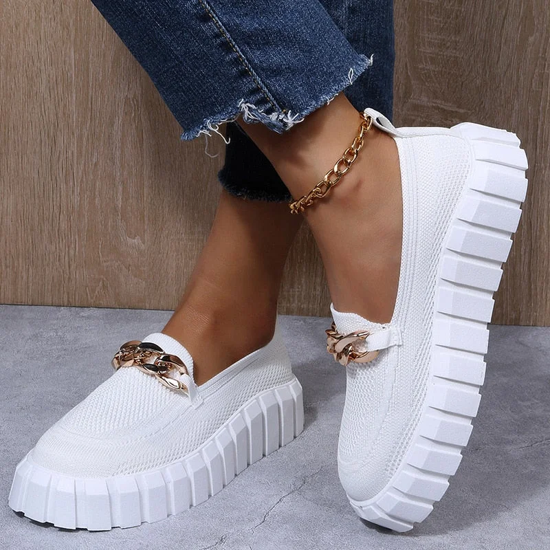 Women's Chain Loafer Flats For Women Round Toe Slip On Mesh Sneaker Casual Shoes Fabric Flats Breathable Comfy Walking Shoes