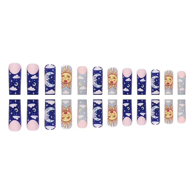 Churchf Ballet Nail Blue Sun Moon French Fake Nails Light Pink Fairy Ins Wind Nail Piece Removable