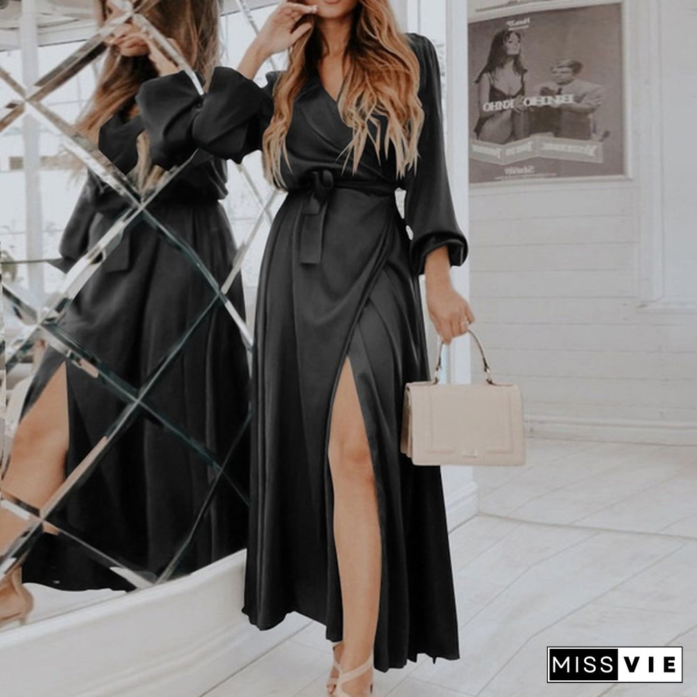 Women Elegant Long Wrap Dress Puff Long Sleeve V Neck Bandage Party Casual Silk Stain Maxi Dress Vestidos