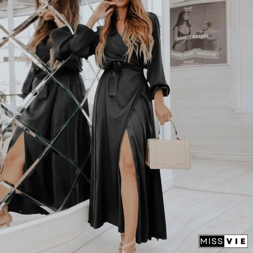 Women Elegant Long Wrap Dress Puff Long Sleeve V Neck Bandage Party Casual Silk Stain Maxi Dress Vestidos