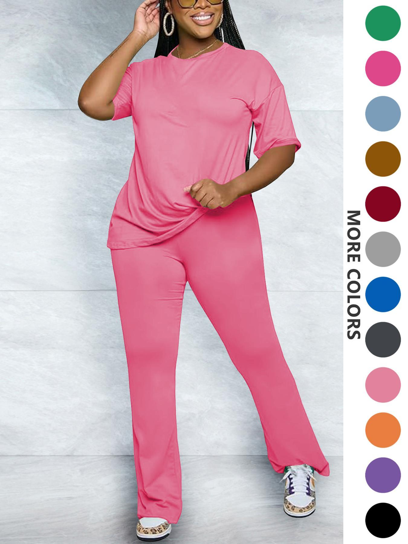 Women's Solid Round Neck Drop Shoulder Fitted Tee & Pants Two-piece Set, Casual Basic Fashion Cozy Half Sleeve T-shirt & Trousers for Daily Outdoor Wear, Women's Clothing for Fall, Casual Loungewear Set Women's Solid Round Neck Drop Shoulder Fitted Tee & Pants Two-piece Set, Casual Basic Fashion Cozy Half Sleeve T-shirt & Trousers for Daily Outdoor Wear, Women's Clothing for Fall, Casual Loungewear Set