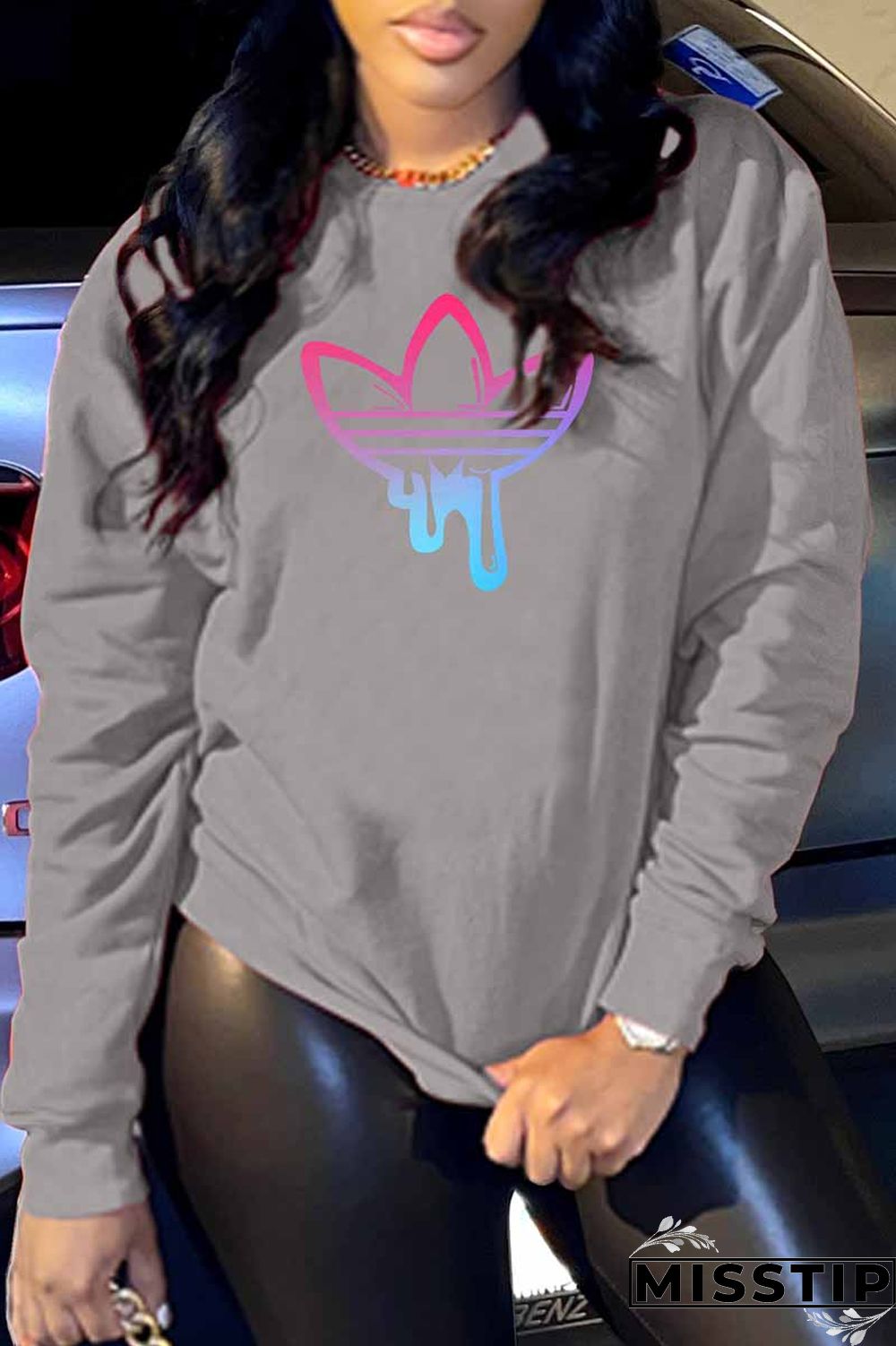 Black Casual Print Patchwork O Neck Tops