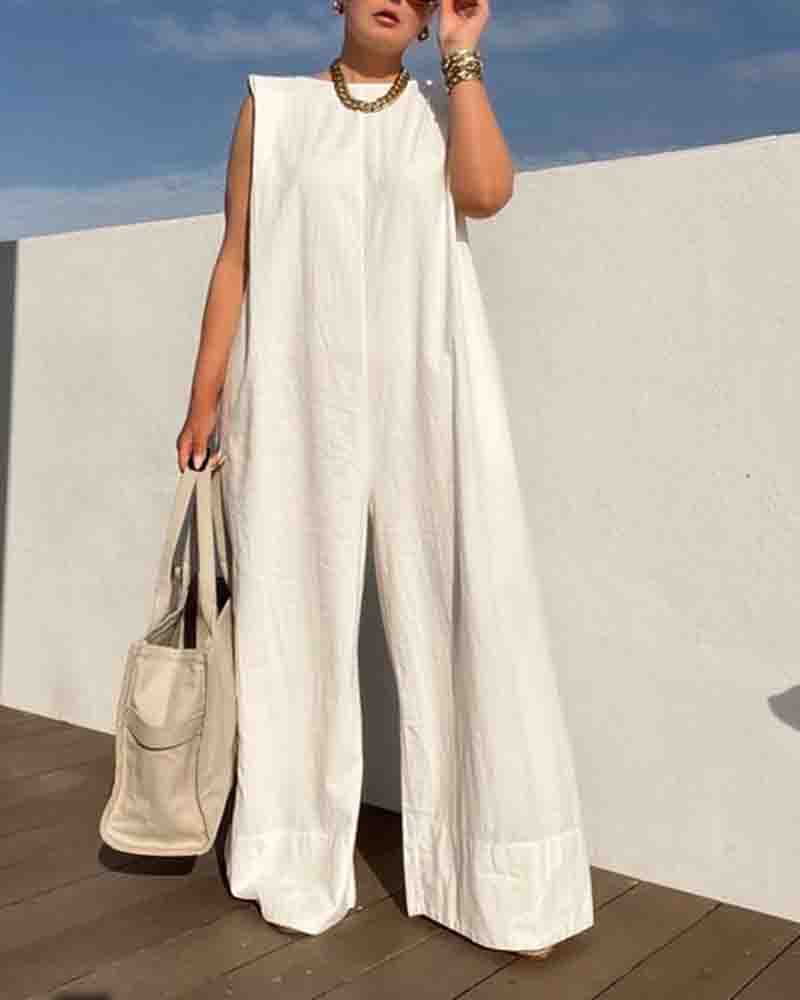 Women's Simple Fashion White Loose Jumpsuit