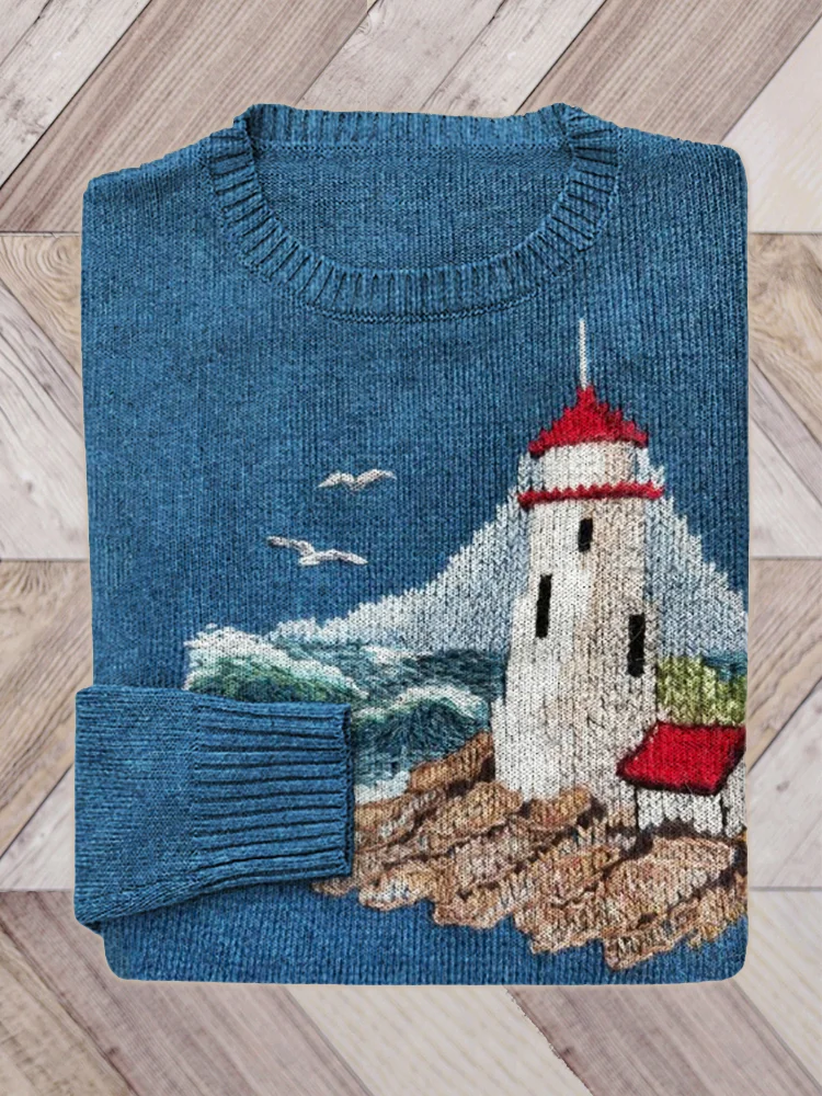 VChics Lighthouse Seascape C Knit Art Cozy Sweater