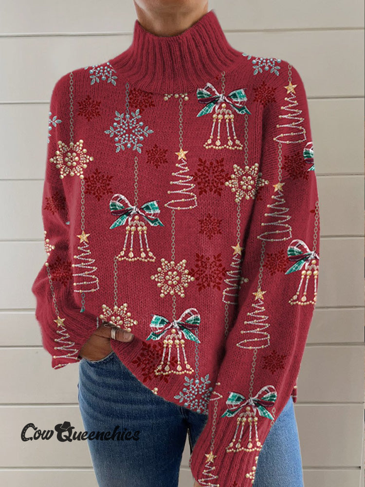 Red Retro Christmas Snowflake Bell Art Print Knit Turtleneck Pullover Sweater Multicolor / S