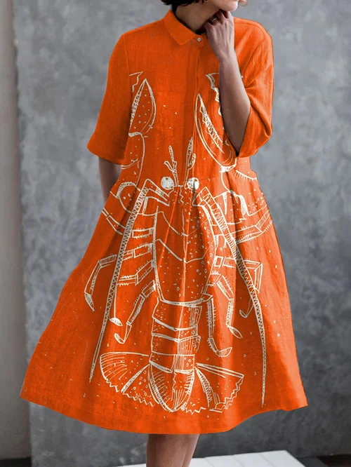 Holiday Lobster Print Casual Pocket Half Sleeve Dress
