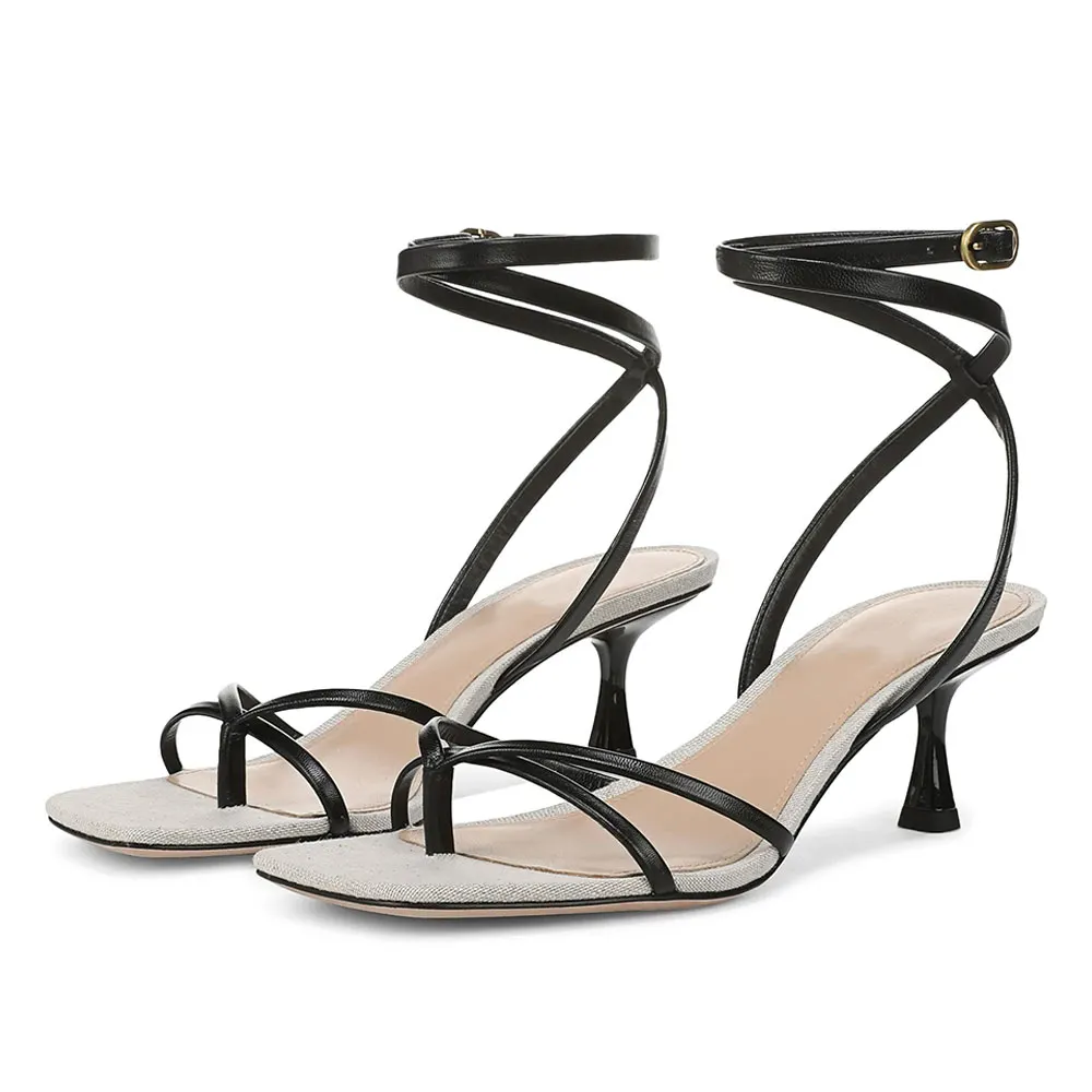 YDN Black Open Square Toe Flip-Flop Style Strap Heels Sandals