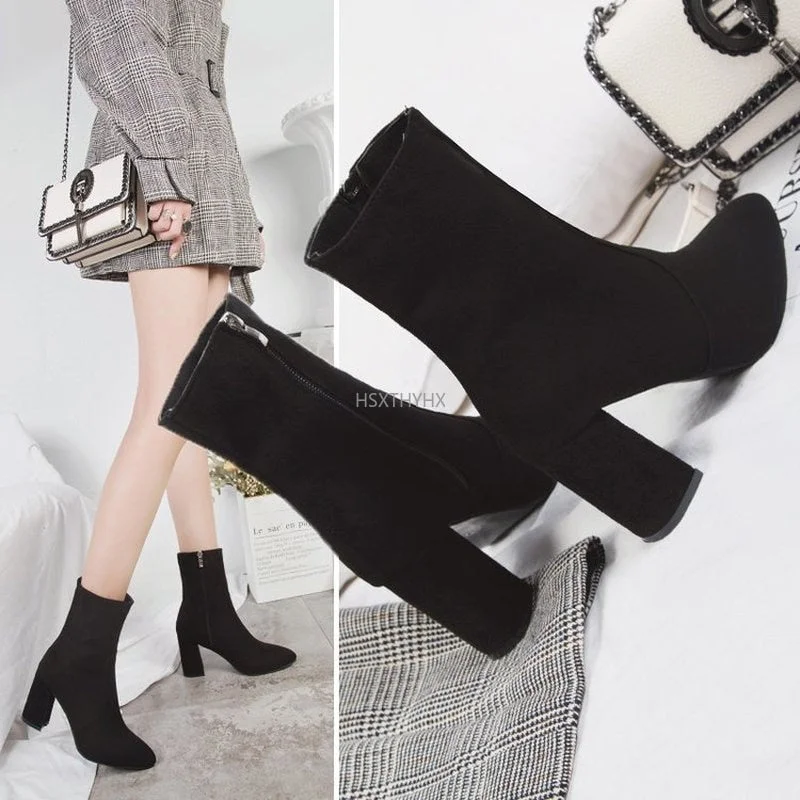 2022 New Short Boots Women's Shoes Autumn and Winter Thick-heeled Elastic Women's High-heel Pointed Toe  Mar Boots Women