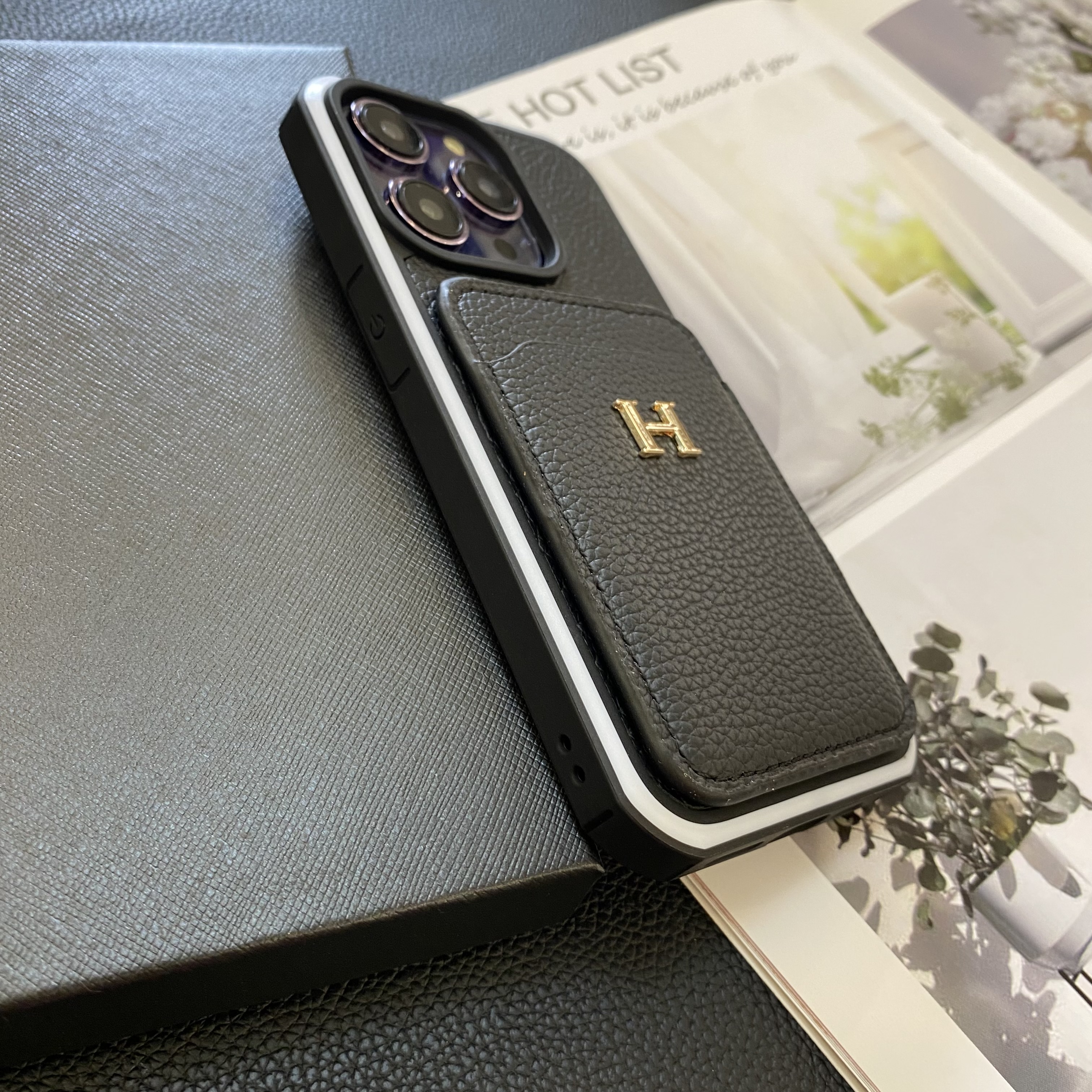 Hermes Genuine Leather Lychee Pattern Back Card Slot Apple iPhone Case