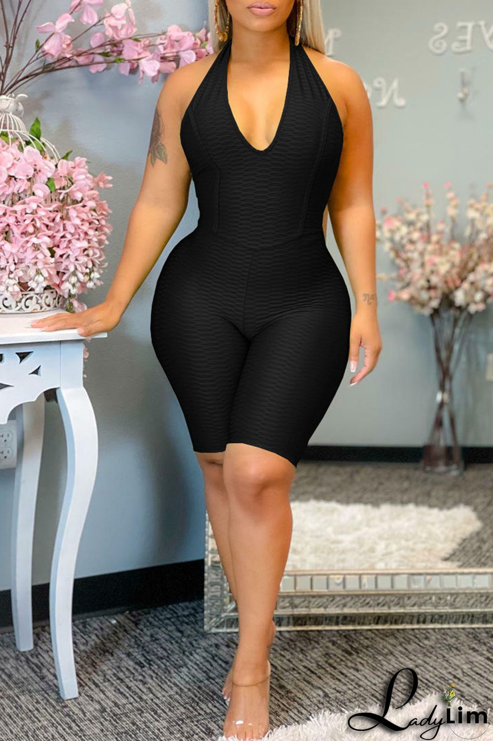 Tibetan Blue Sexy Solid Split Joint Backless Halter Regular Jumpsuits