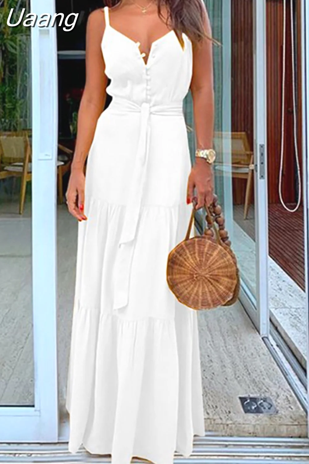 Uaang Neck Button White Beach Dress Belt High Waist Casual Vintage Vestidos Summer Women Holiday A Line Sling Party Long Dress Femme