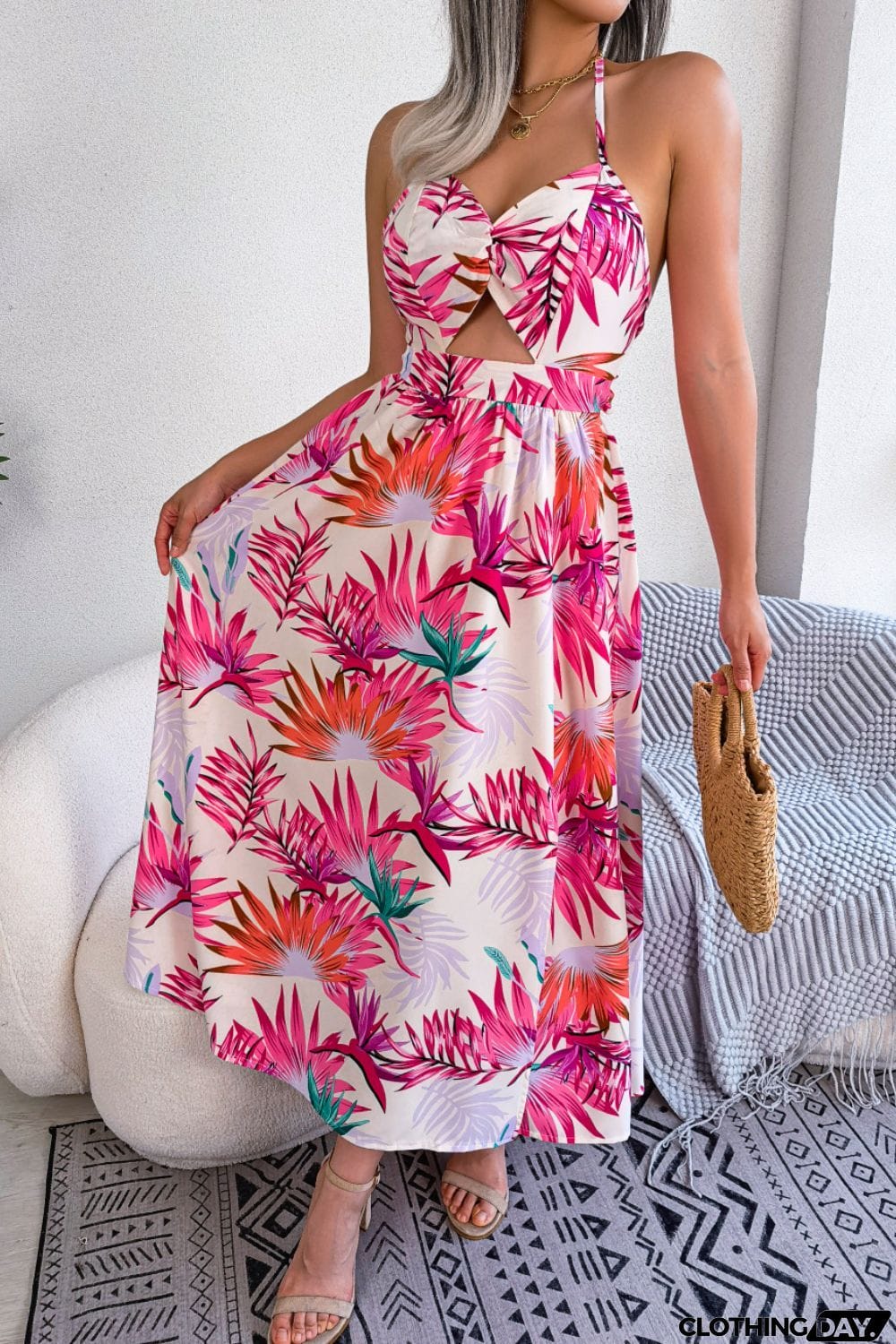 Botanical Print Tied Backless Cutout Slit Dress