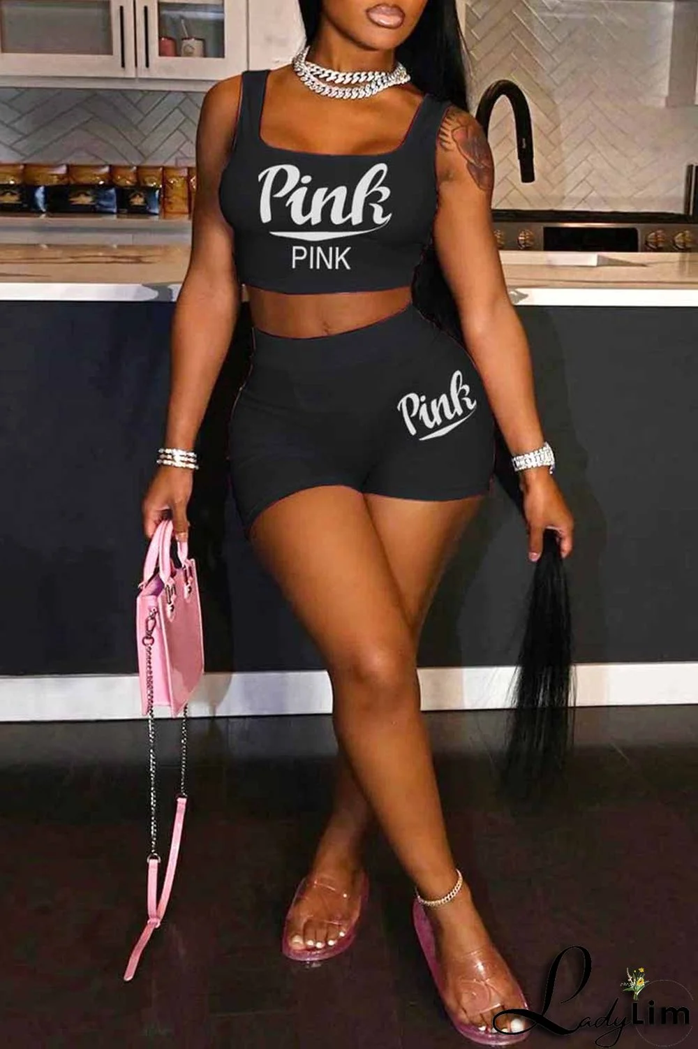 Royal Blue Sexy Casual Letter Print Basic U Neck Sleeveless Two Pieces