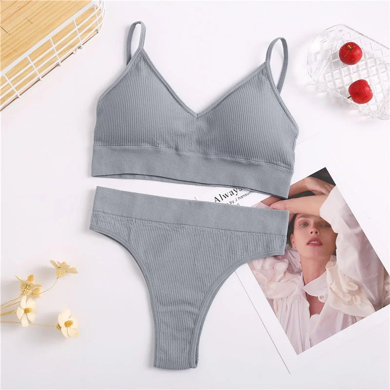 FINETOO Sexy Backless Bra Set Deep V Bras Women Padded Tops Seamless Panties Wireless Bralette Low-rise Thongs Ladies Underwear