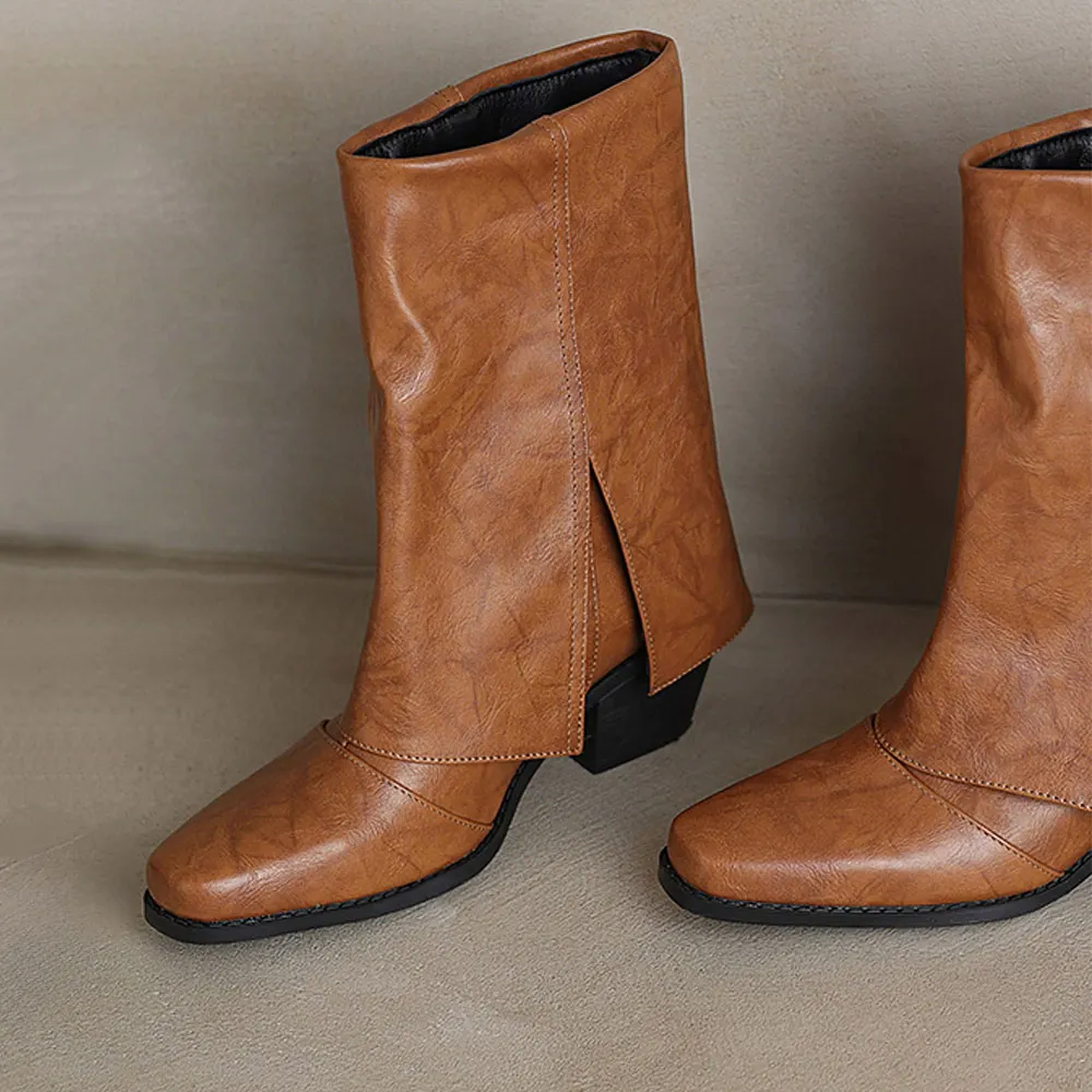 Fold Over Block Heel Snip Toe Mid Calf Slip On Tan Cowgirl Boots