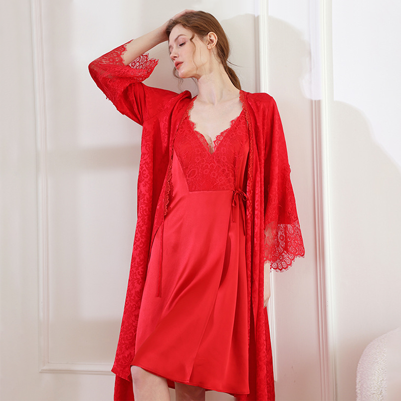 Luxury Lace Red Silk Robe Set For Women | Realsilklife