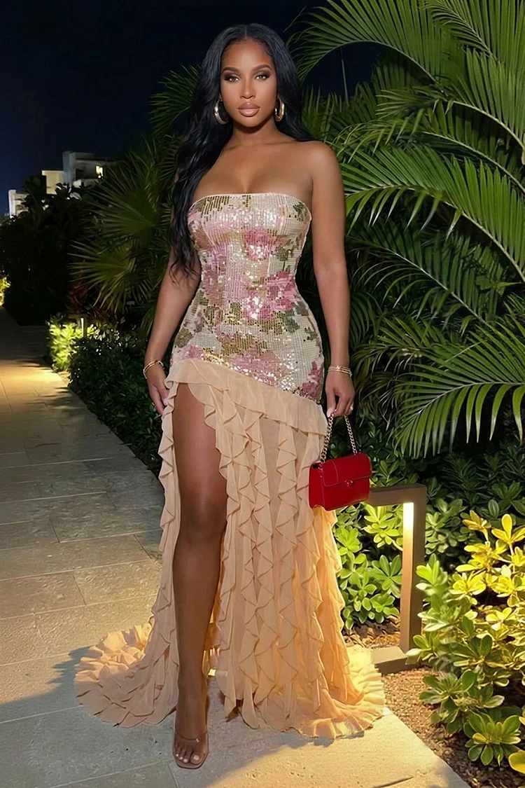 Strapless Sequin Floral Ruffle High Slit Gowns Maxi Dresses-Brown