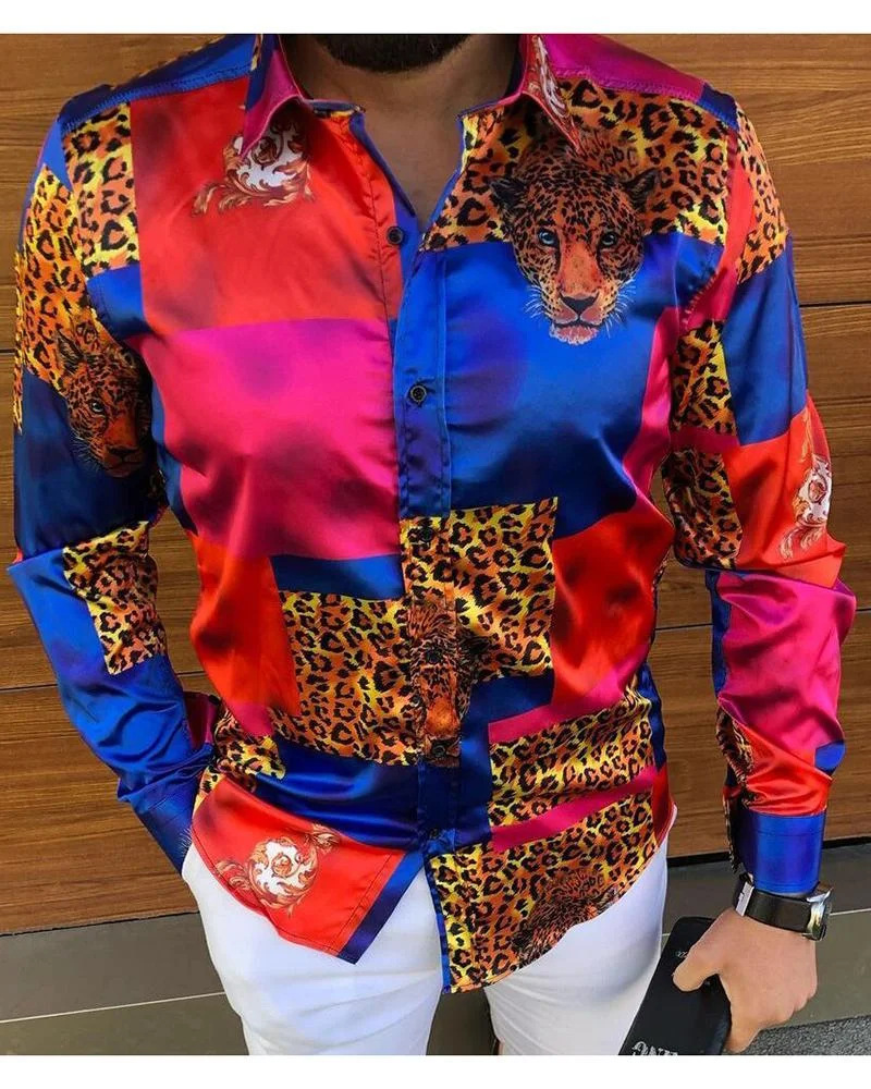 Casual Fashion Leopard Print Color Block Long-sleeved Shirt