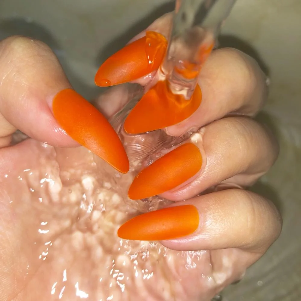 24Pcs Full Cover press on Pointed Head Scrub Fresh Temperament Orange false nails matte Wearable Stiletto Fake Nails with Glue-Nail Inspo