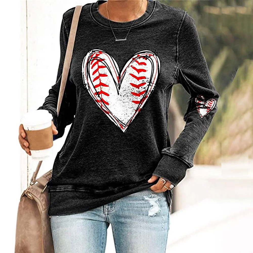 Baseball Heart Print Long Sleeve Sweatshirt