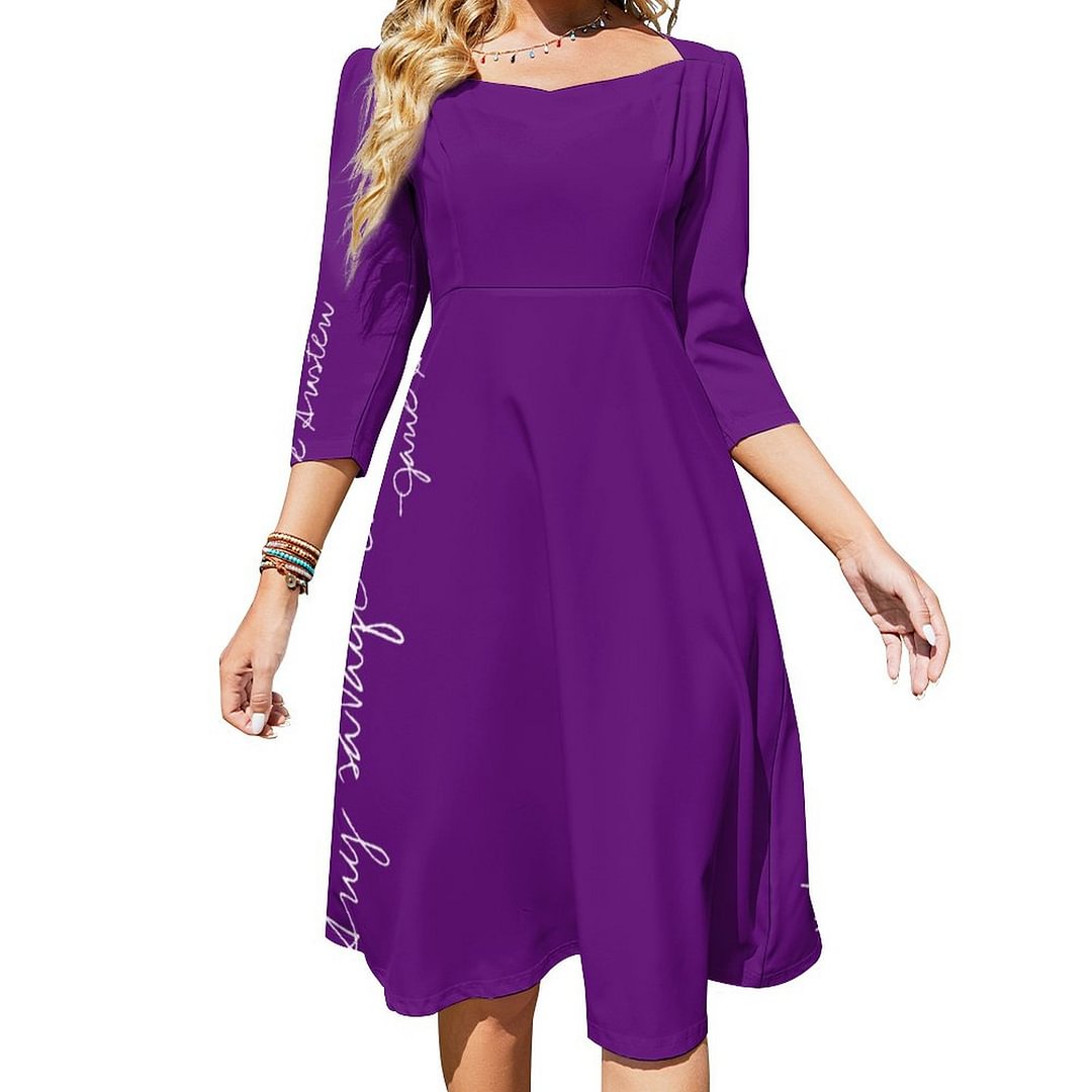 Every Savage Can Dance Jane Austen Quote Purple Dress Sweetheart Tie Back Flared 3/4 Sleeve Midi Dresses