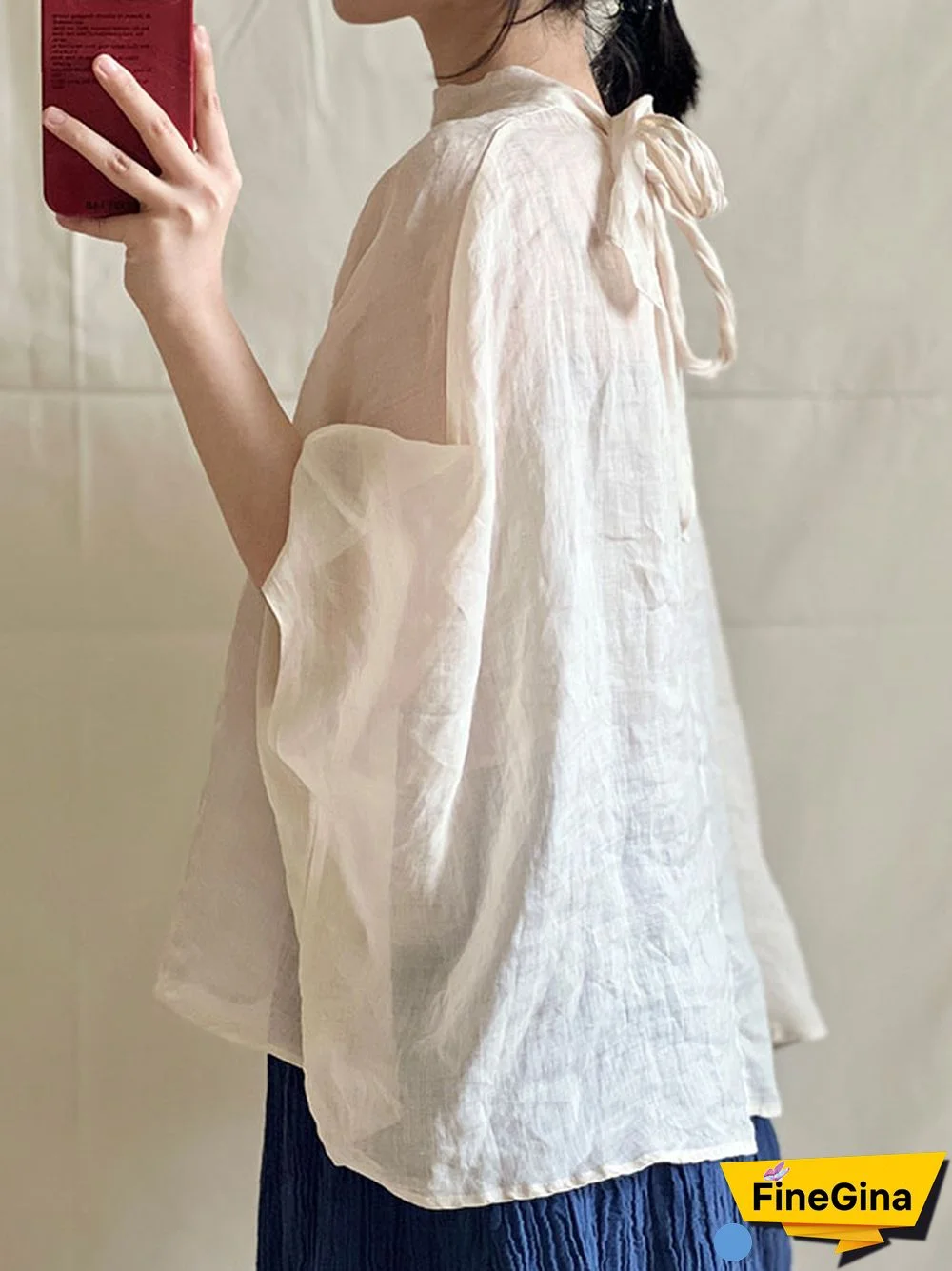 Batwing Sleeves Loose Lace-Up See-Through Solid Color Stand Collar Shirts Tops