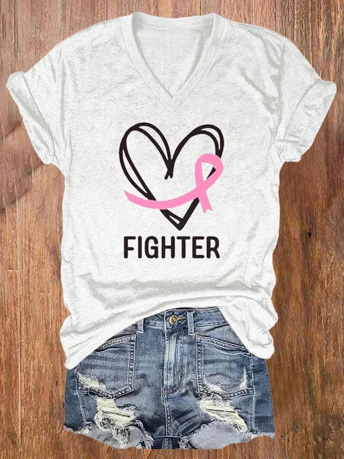 Women's Breast Cancer Awareness Printed V-Neck T-Shirt socialshop