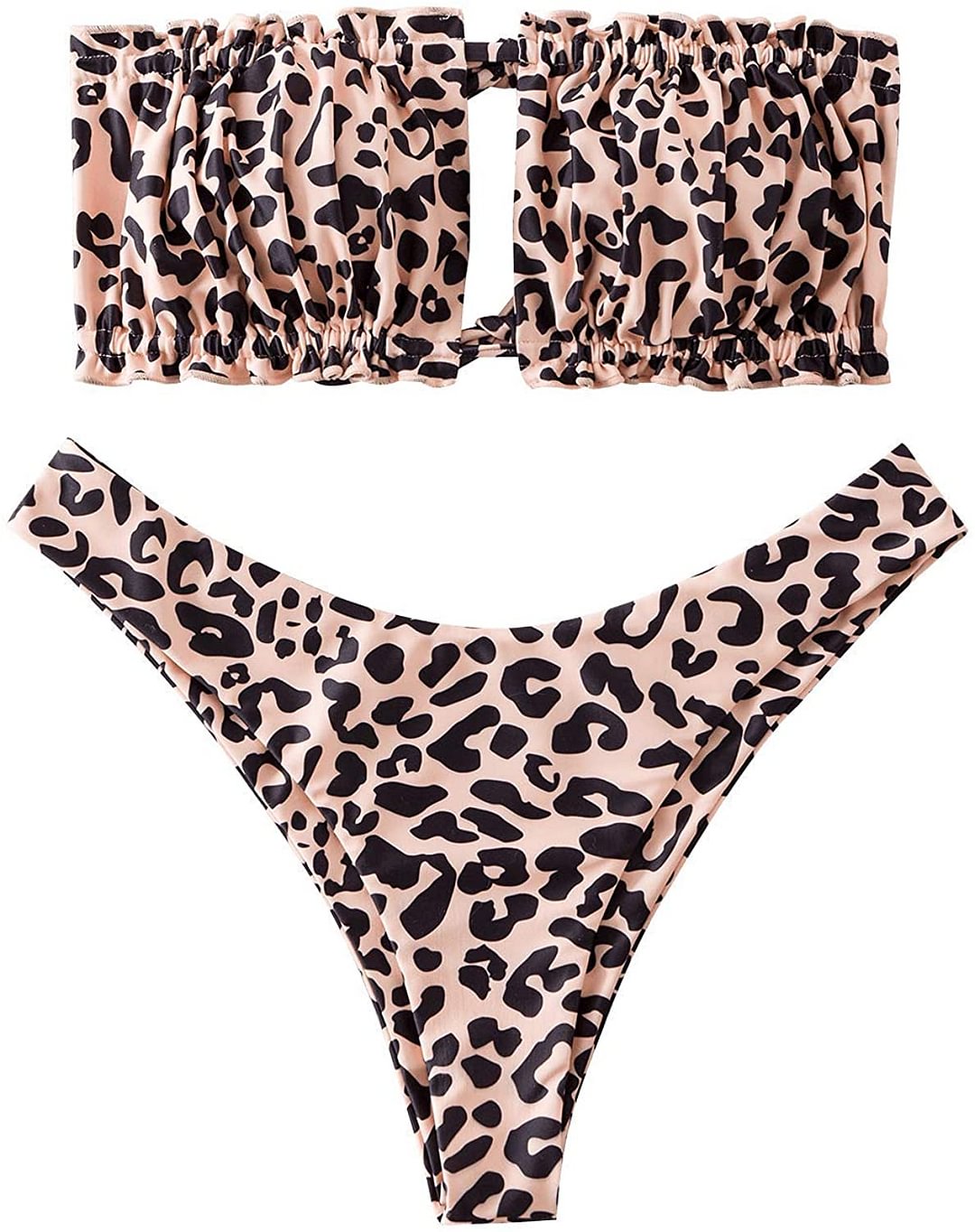 Women's Ruffle Ruching Tie Bandeau Bikini Swimsuit Two Piece Low Waisted String Bikini Set Swimwear