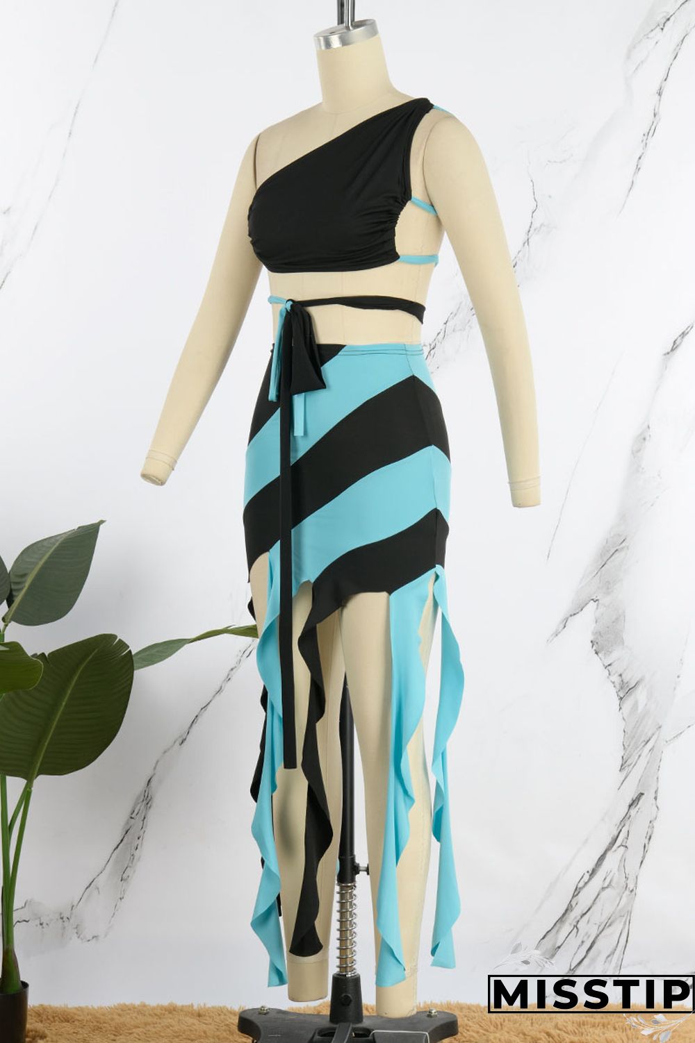 Orange Pink Sexy Print Tassel Bandage Patchwork Oblique Collar Sleeveless Two Pieces