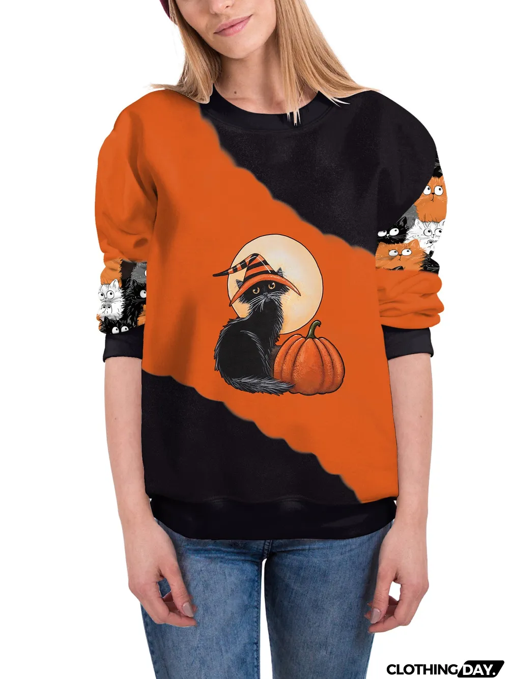 Women's Halloween Graphic Solid Color Scoop Neck Long Sleeve Top