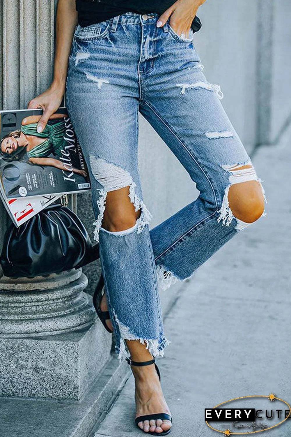 Sky Blue Ripped Knee Hole High Waist Jeans