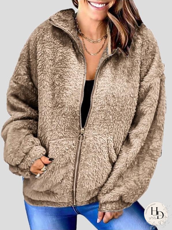 Coats Woolen Fleece Loose Zipper Cardigan Pocket Coat for Women