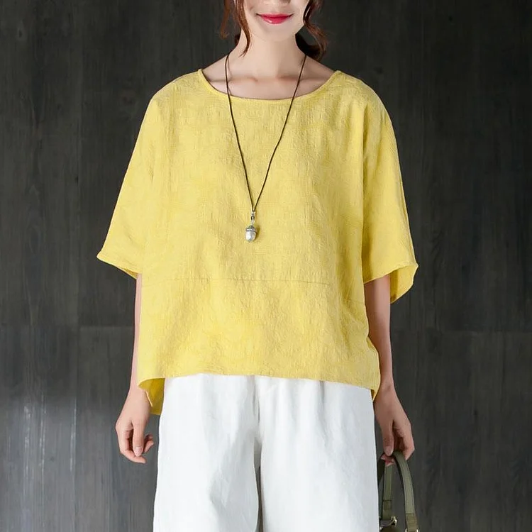 New summer t shirt plus size clothing Loose 12 Sleeve Yellow Jacquard Cotton Tops