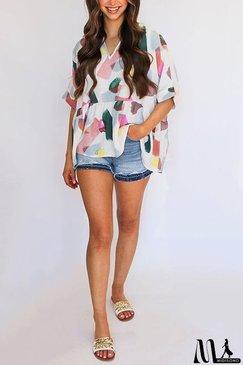 MidiSono - Print Cuffed Sleeves Peplum Blouse