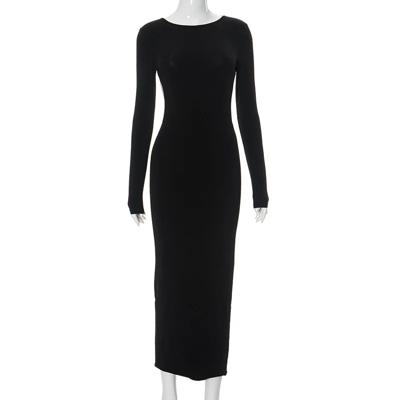 Brownm Brownm Ins Solid Fashion Bag Dress Rounded Backed Long Sleeved Sexy Dress