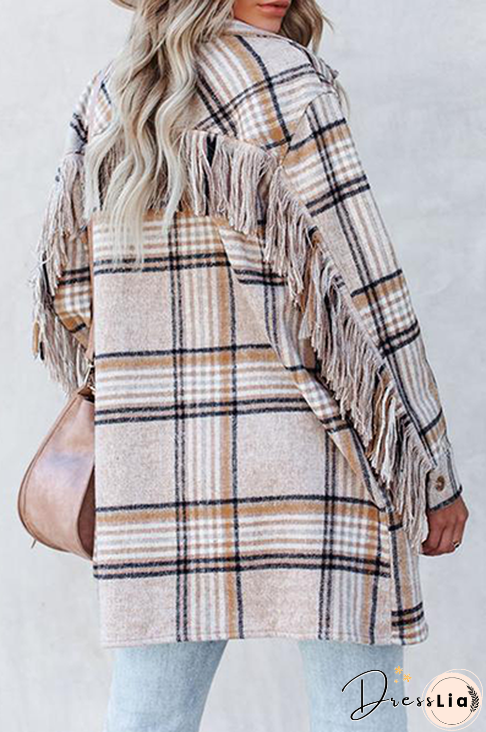 Casual Plaid Tassel Buckle Turndown Collar Outerwear