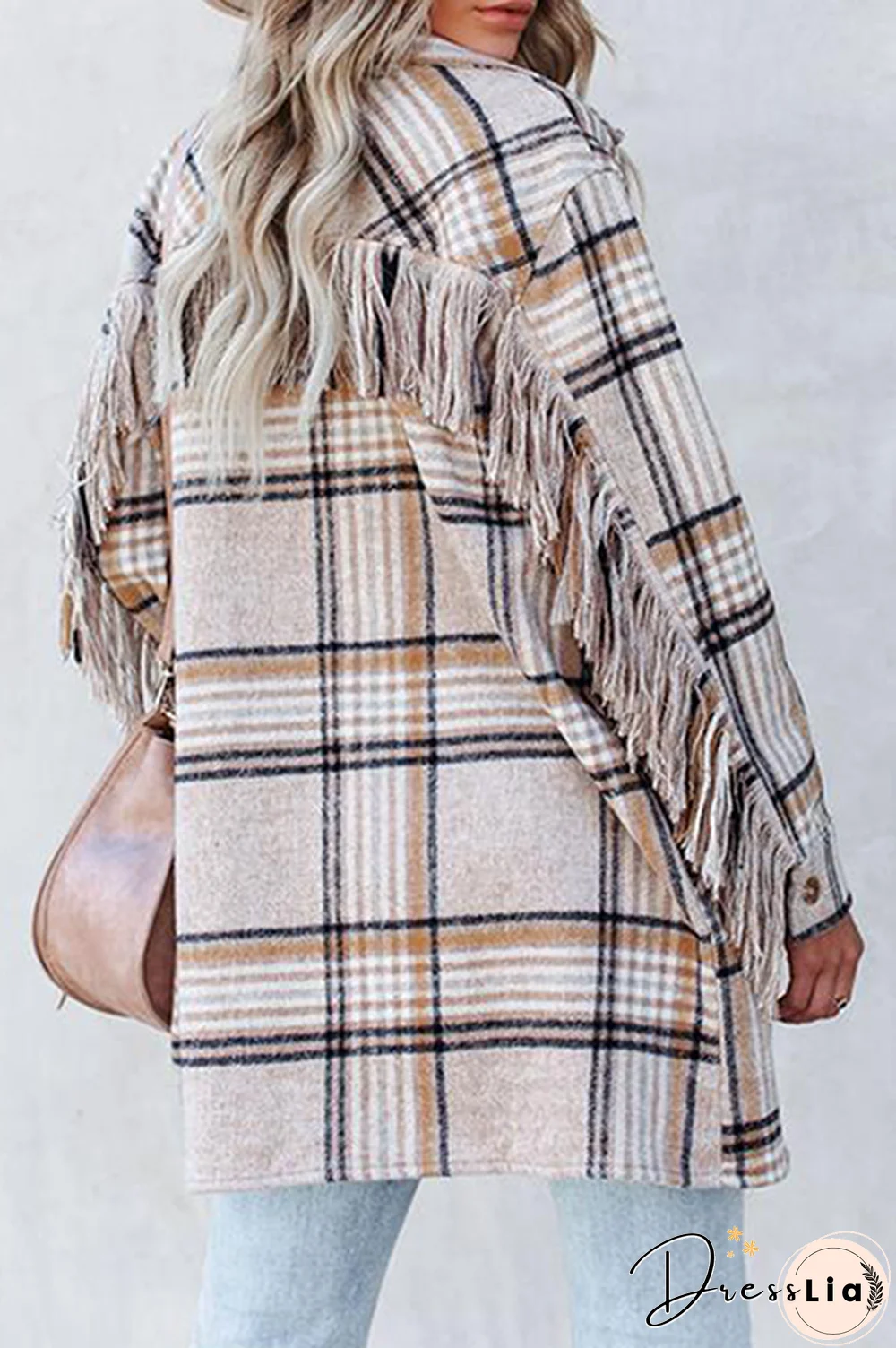 Casual Plaid Tassel Buckle Turndown Collar Outerwear