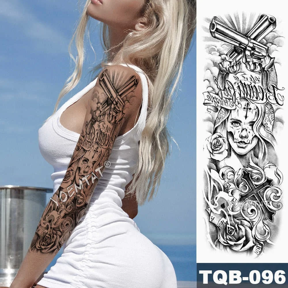 Large Arm Sleeve Tattoo Lion Crown King Rose Waterproof Temporary Tatoo Sticker Wild Wolf Tiger Men Full Skull Totem Tatto