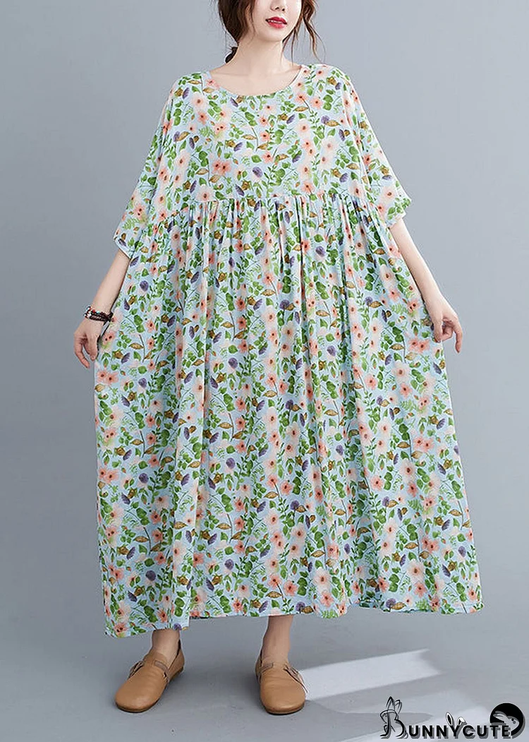 Loose Green O-Neck wrinkled Print Long Dress Short Sleeve