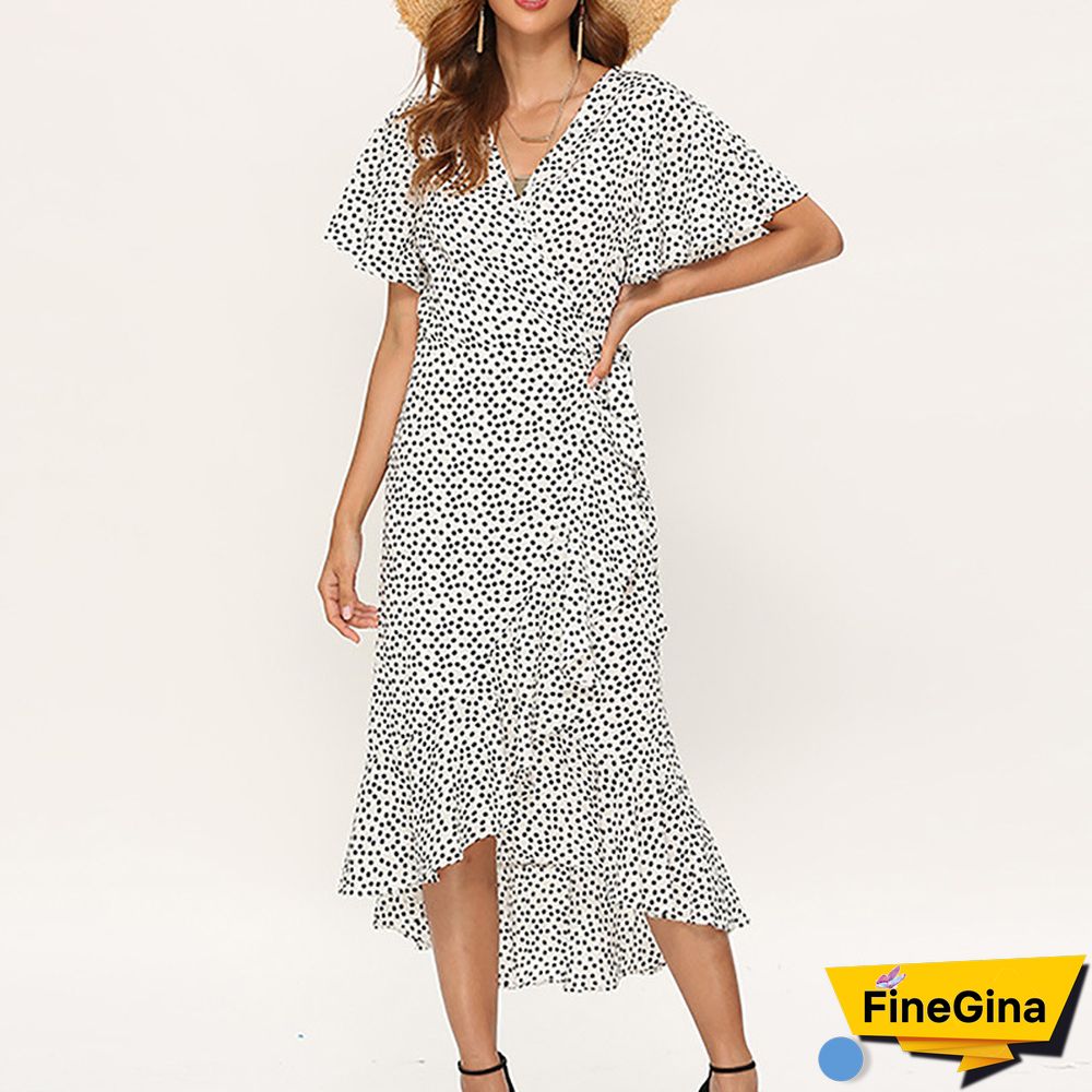 Printed High Waist Lace-up V-neck Sexy Chiffon Big Swing Irregular Dress