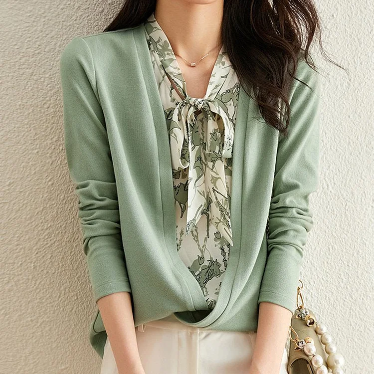 Pea Green Floral Casual Knitted Shirts & Tops QueenFunky