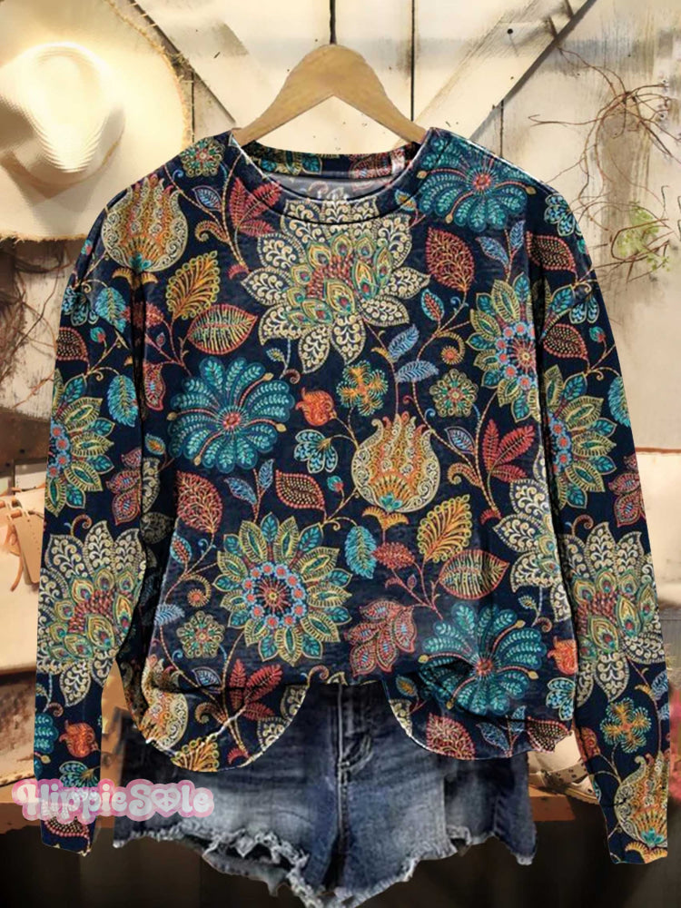Retro Ethnic Floral Pattern Casual Sweatshirt Multicolor / S