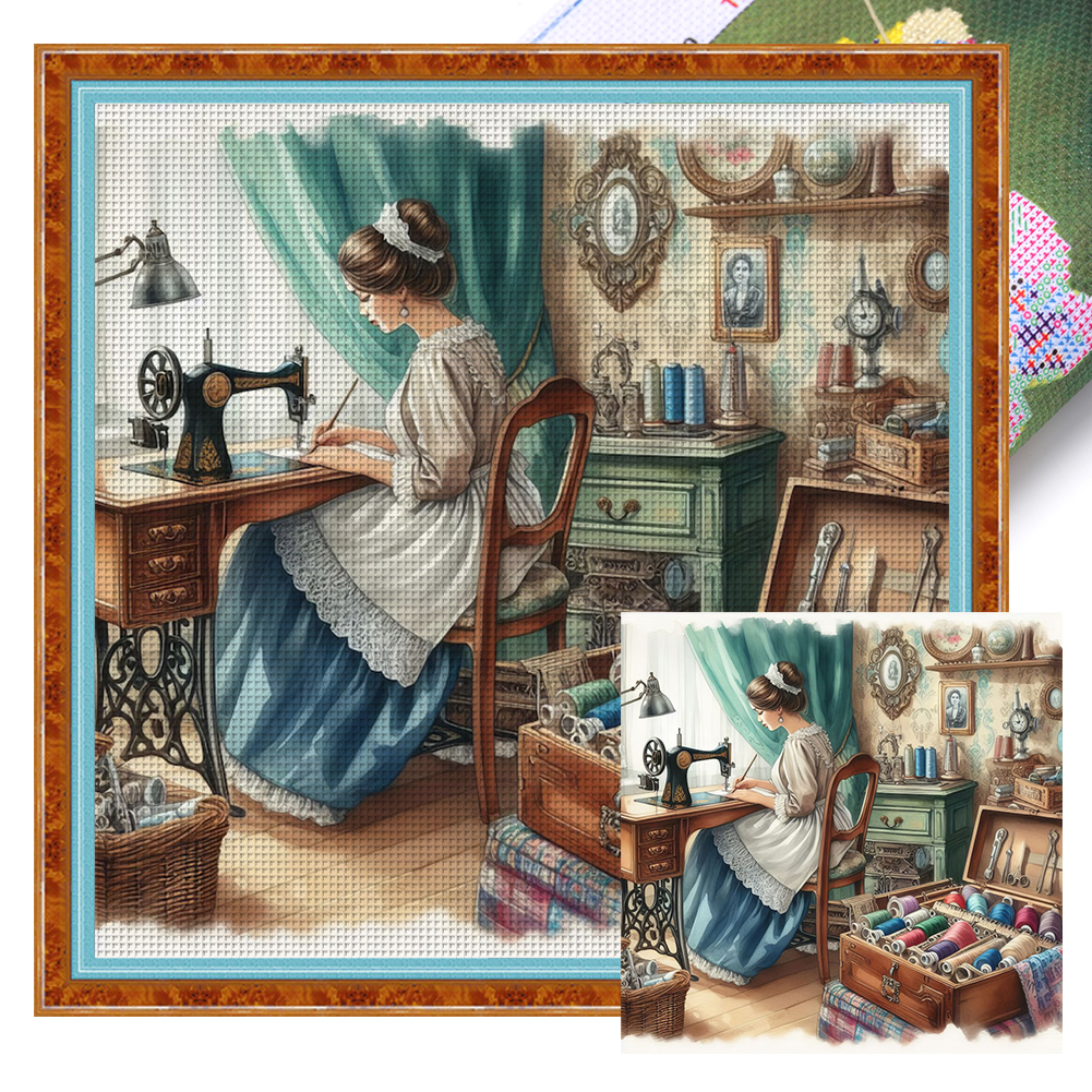 Sewing Woman Full 11CT Pre-stamped Canvas(45*45cm) Cross Stitch