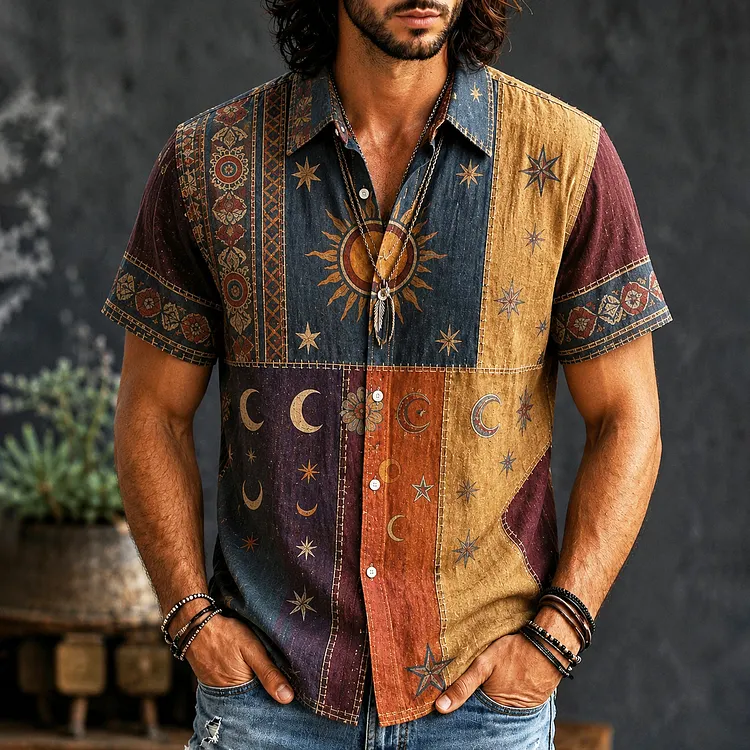 Men's Hippie Sun And Moon Element Patchwork Art Print Short Sleeves Shirt
