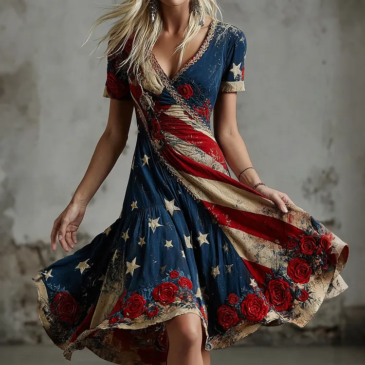 Women's Vintage Rose And Flag Art Print Mini Dress