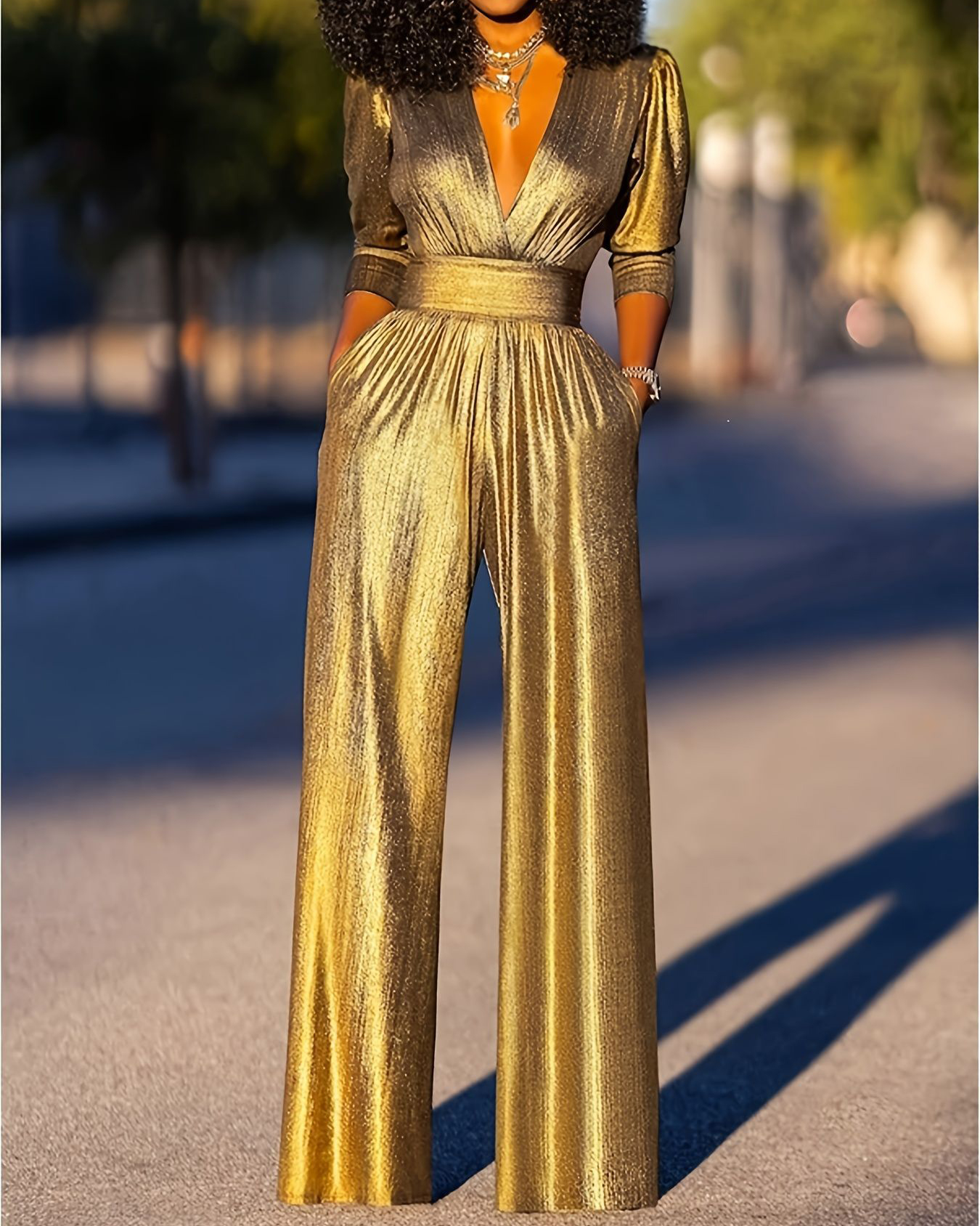 Deep-V neckline Three Quarter Length Sleeve Wide Leg Jumpsuit