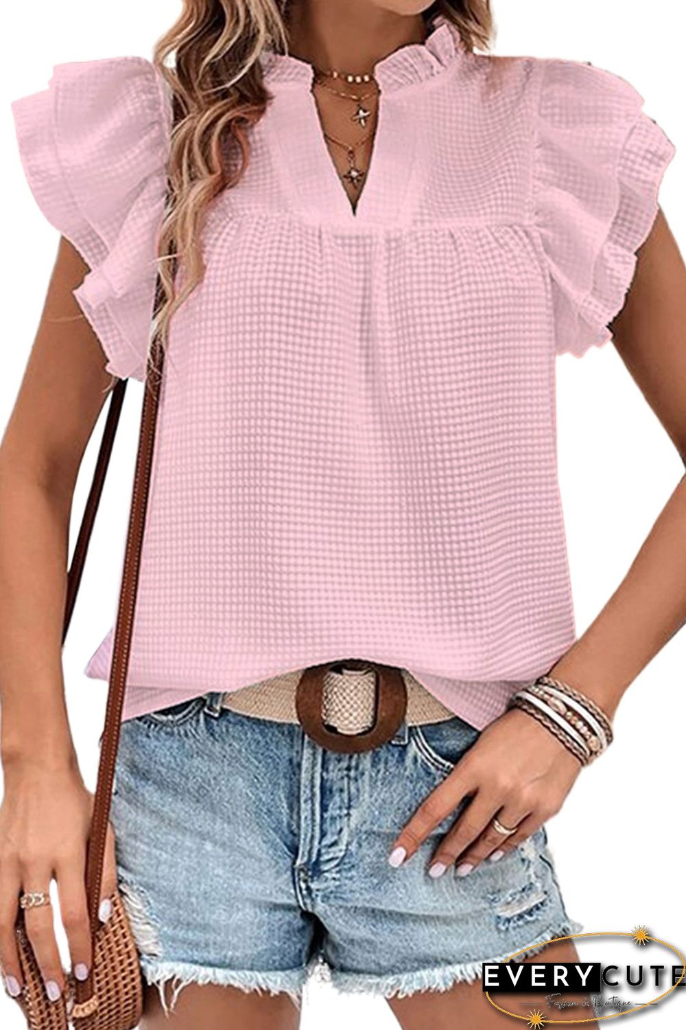Pink Ruffle Accent Flutter Sleeve Notch Neck Top